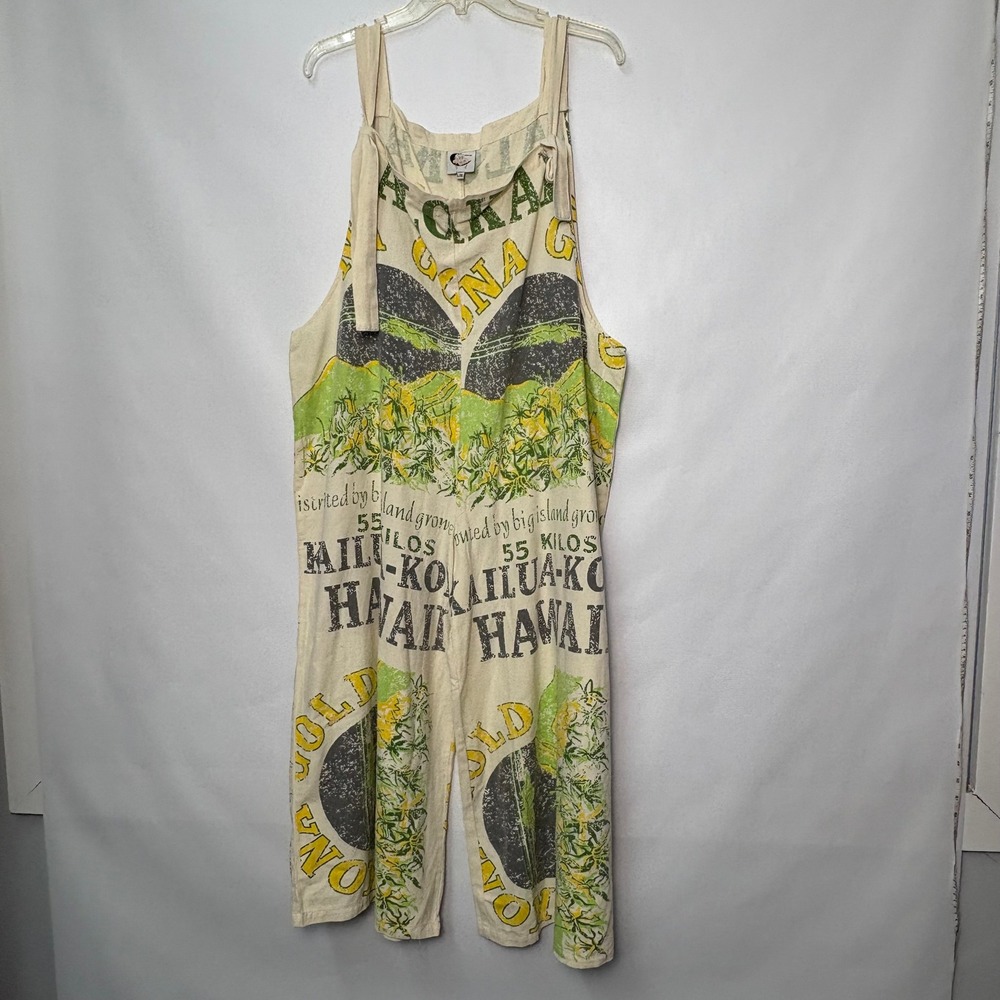 Jaded Gypsy Market Fresh Overalls Kona Gold Coffee Sack Print Wide Leg L/XL Boho